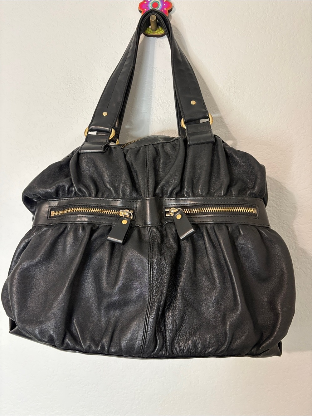 Desmo Black Leather Ruched Handbag Purse Shoulder Bag